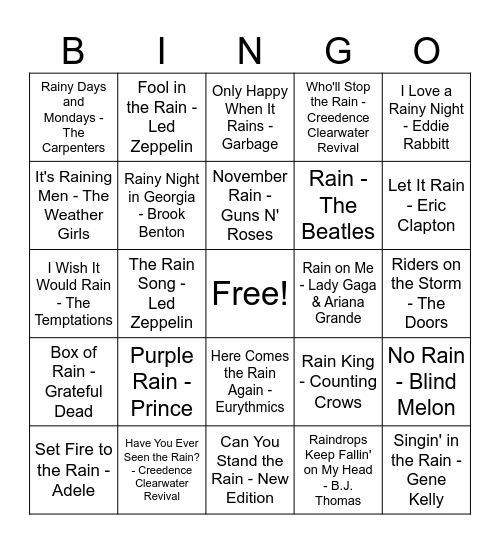 Rain Songs Bingo Card