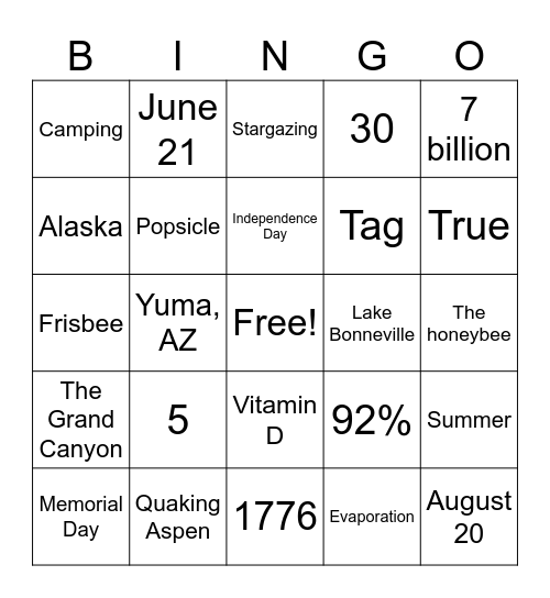 Summer Bingo Card