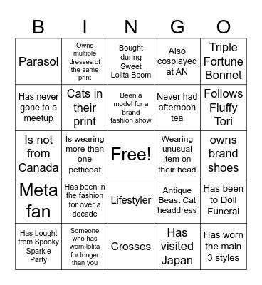 Lolita Ice Breaker Bingo Card