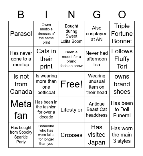 Lolita Ice Breaker Bingo Card