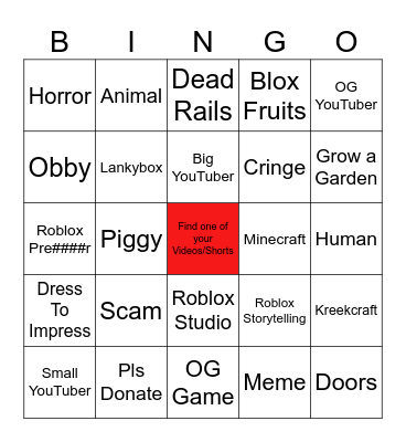 Roblox Shorts Bingo Card