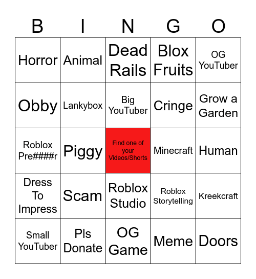 Roblox Shorts Bingo Card