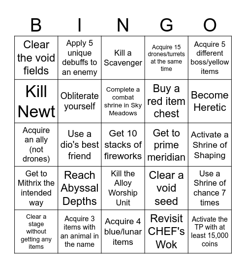 Risk of Rain 2 Bingo Card
