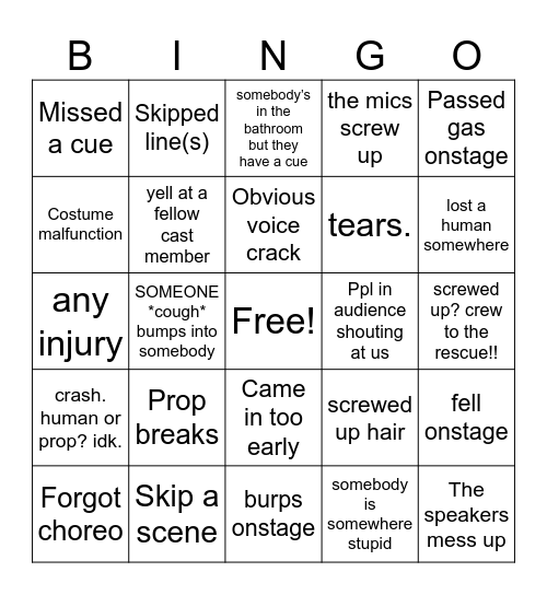 Musical Theatre Bingo Card