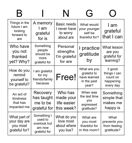 Gratitude Bingo Card