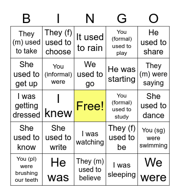 L'Imparfait Bingo Card