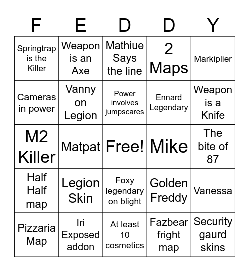 FnaF Stream Bingo Card