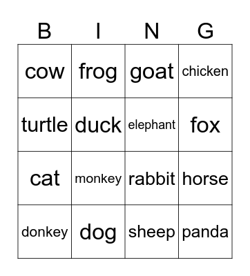 Animals Bingo Card