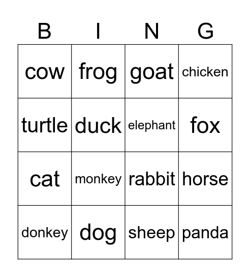Animals Bingo Card