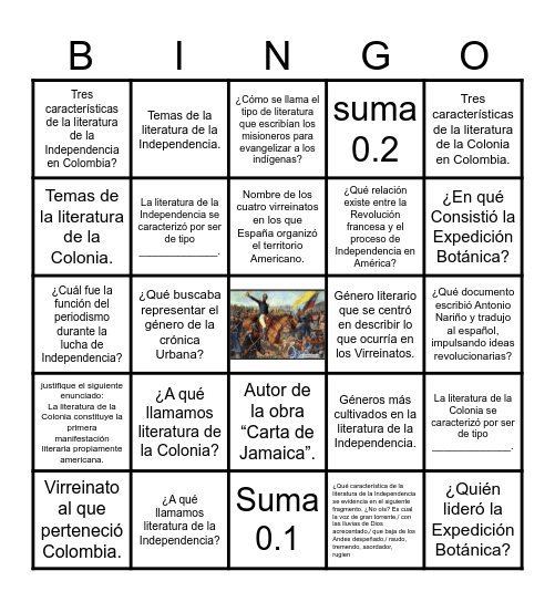 Literatura de la Colonia y la Independencia en Colombia Bingo Card