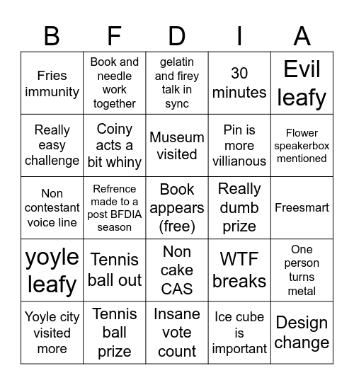 BFDIA 10 + 11 Bingo Card