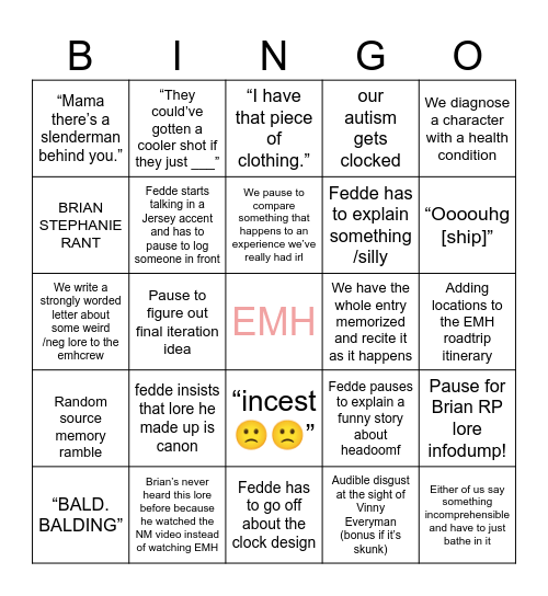 FEDDE & BRIAN EMH EXTRAVAGANZA Bingo Card