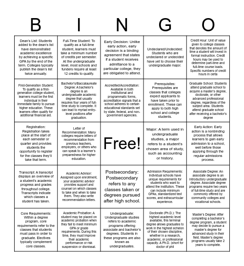 College Vocabulary Bingo Card