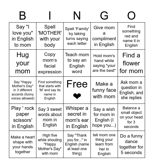 Mother’s Day！ Bingo Card