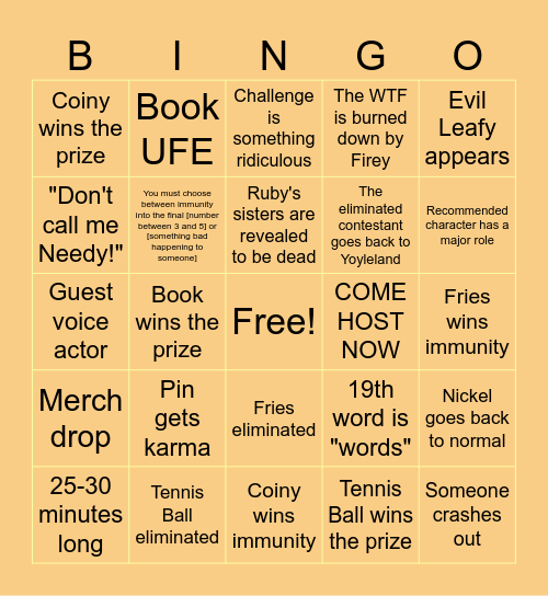 BFDIA 19 Bingo Card