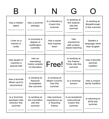 Summer Staff Training 2025 Bingo Card