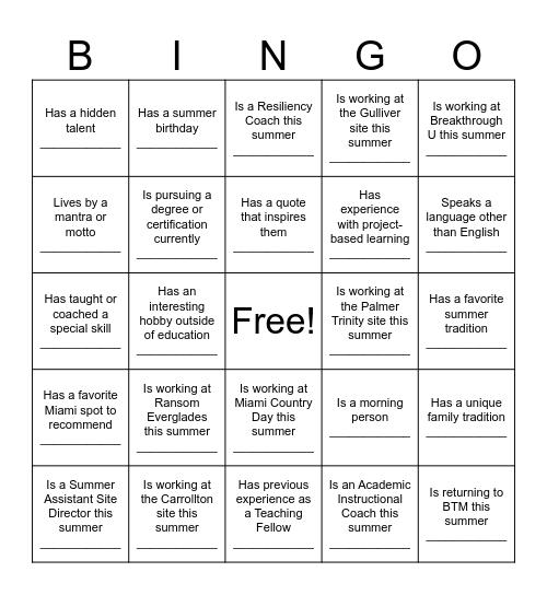 Summer Staff Training 2025 Bingo Card