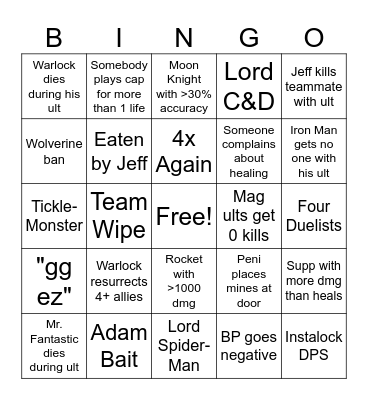 Marvel Rivals Bingo Card