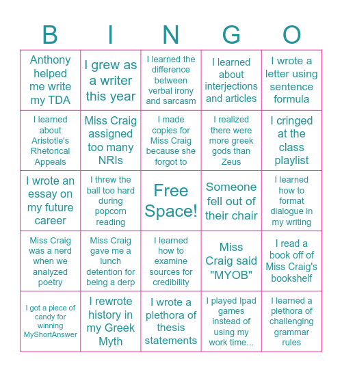 7th Grade English Class 2024-2025 Bingo Card