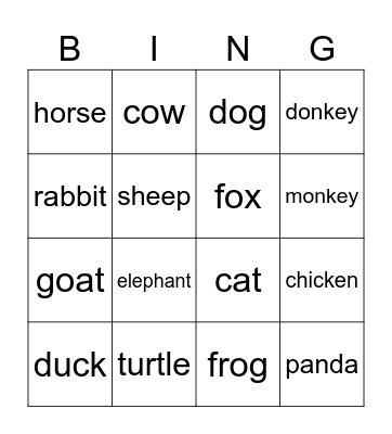 Animals Bingo Card