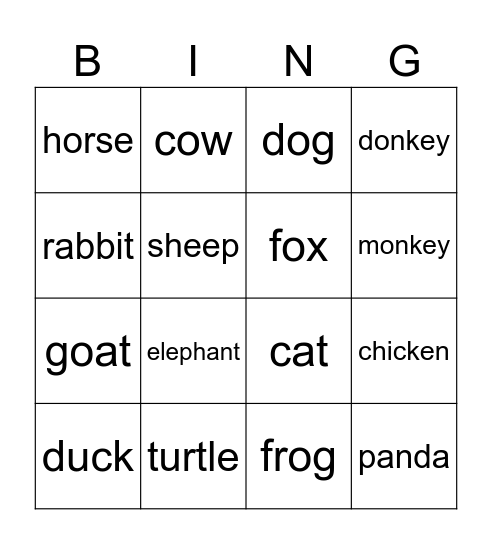 Animals Bingo Card