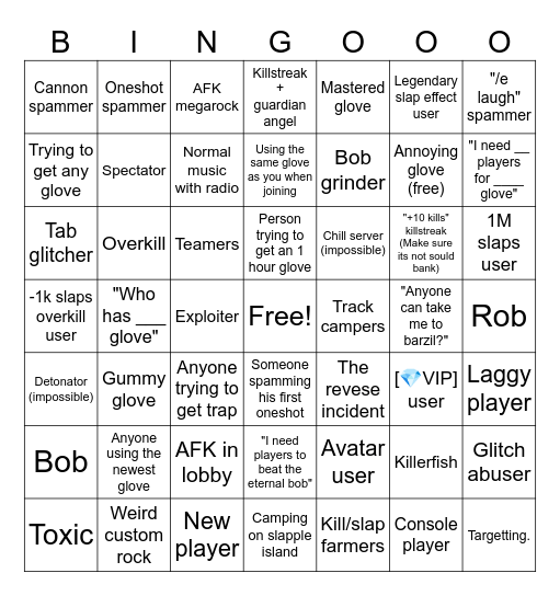 Slap battles 2025 bingo Card