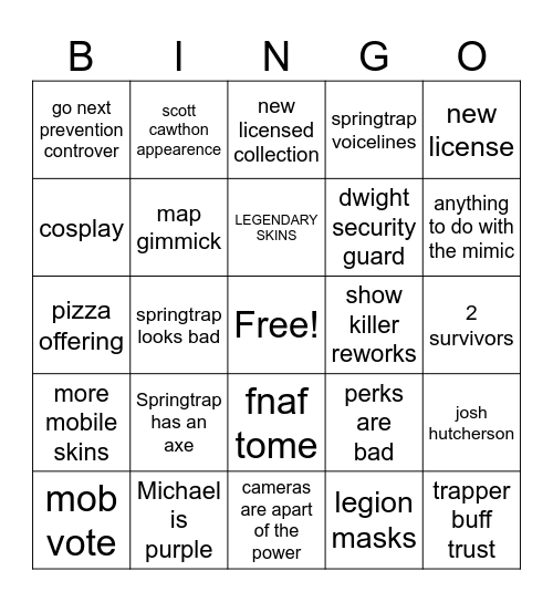 DbD 9th Anniversary Bingo Card