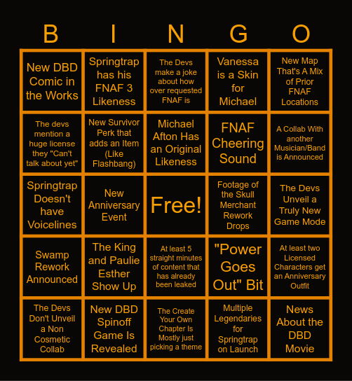 DBD Year 9 Bingo Card Bingo Card