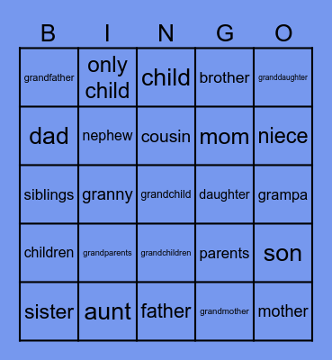Family Members Bingo Card