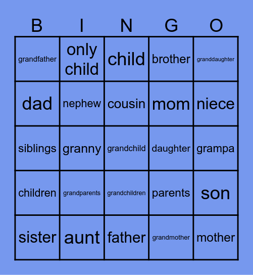 Family Members Bingo Card