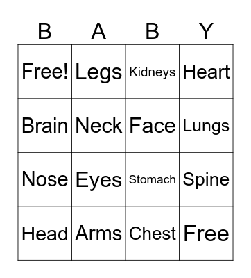 Anatomy Bingo Card