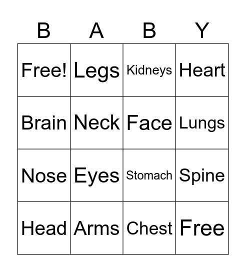 Anatomy Bingo Card