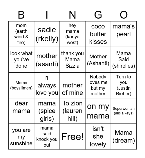 Mothers Music Bingo Card