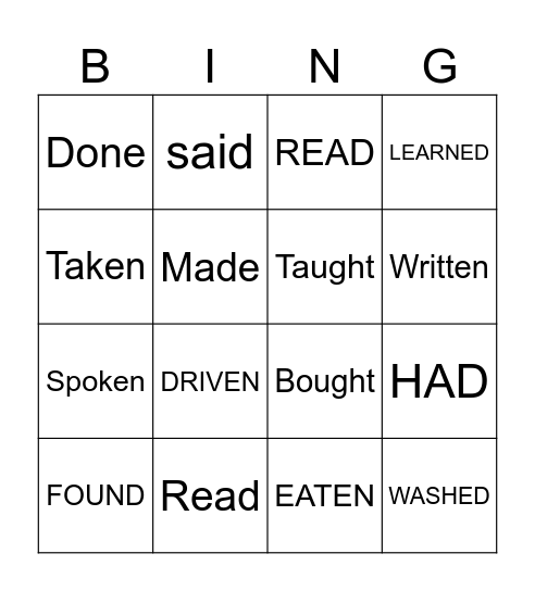 Past Participle Verbs Bingo Card