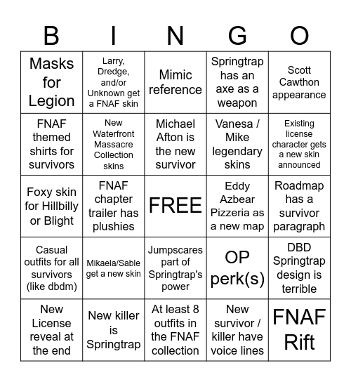 DBD YR 9 STREAM Bingo Card