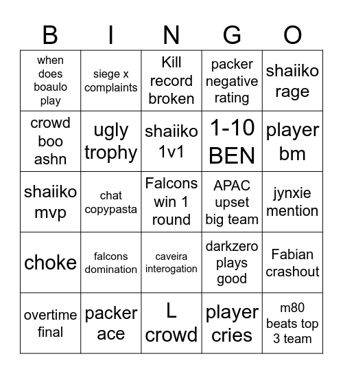 r6 reload  bingo Card