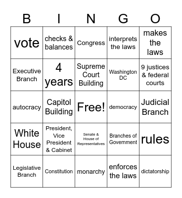 3 Branches of Government Bingo Card