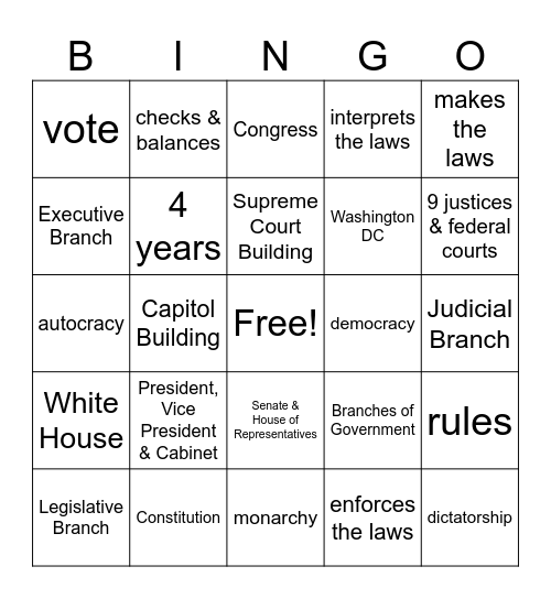 3 Branches of Government Bingo Card