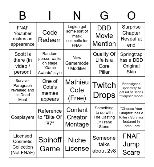 Dead By Daylight: 9th Anniversary Stream Bingo Card