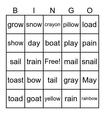 oa ow ai ay Bingo Card