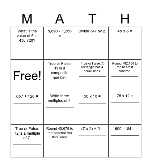 Math Review Bingo Card