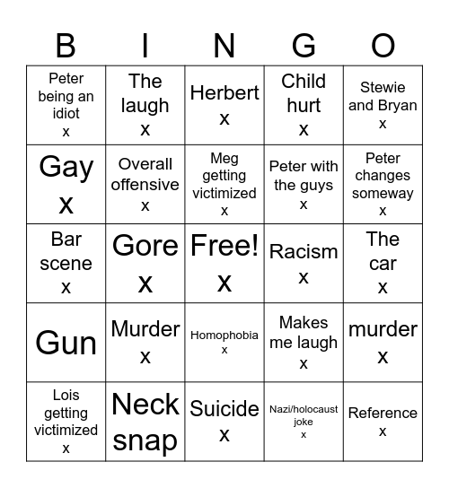 Family Guy Bingo Card