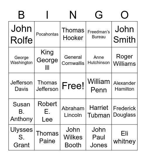 U.S. History Bingo Card