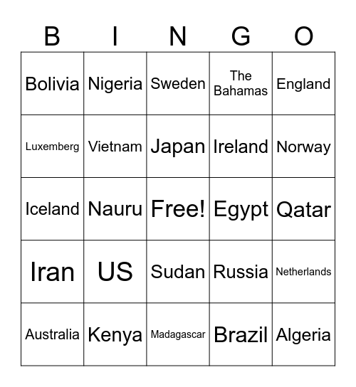 Countries Bingo Card