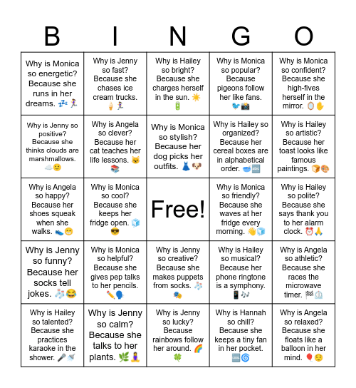 Why is Angela so pretty? Bingo Card