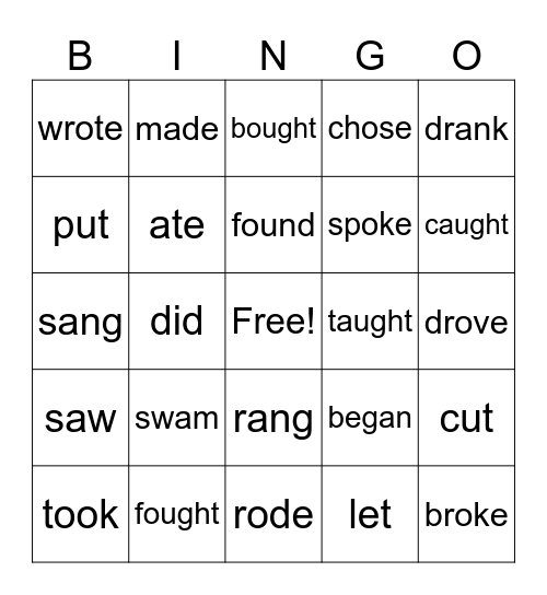 Irregular Verbs Bingo Card