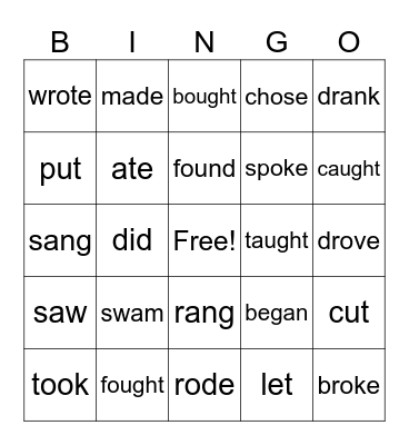 Irregular Verbs Bingo Card