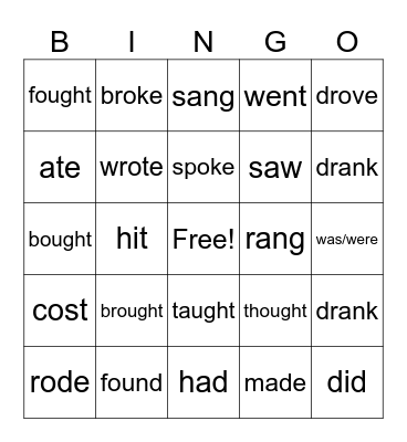 Irregular Verbs Bingo Card