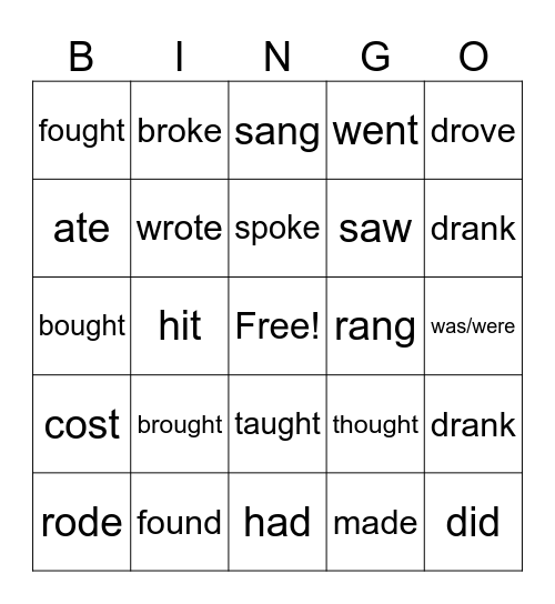 Irregular Verbs Bingo Card