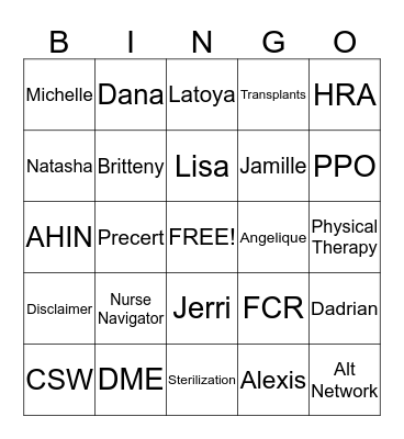 BANA Bingo Card